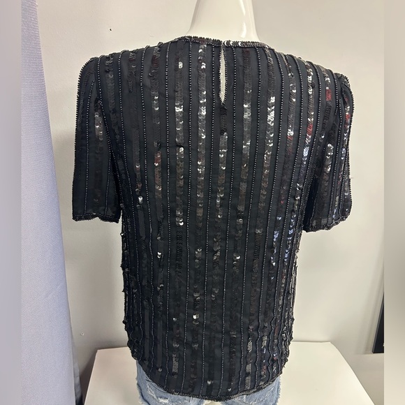VINTAGE 80s STENAY BLACK SILK SEQUINNED BEADED SHORT SLEEVES TOP IN MEDIUM - Picture 2 of 8